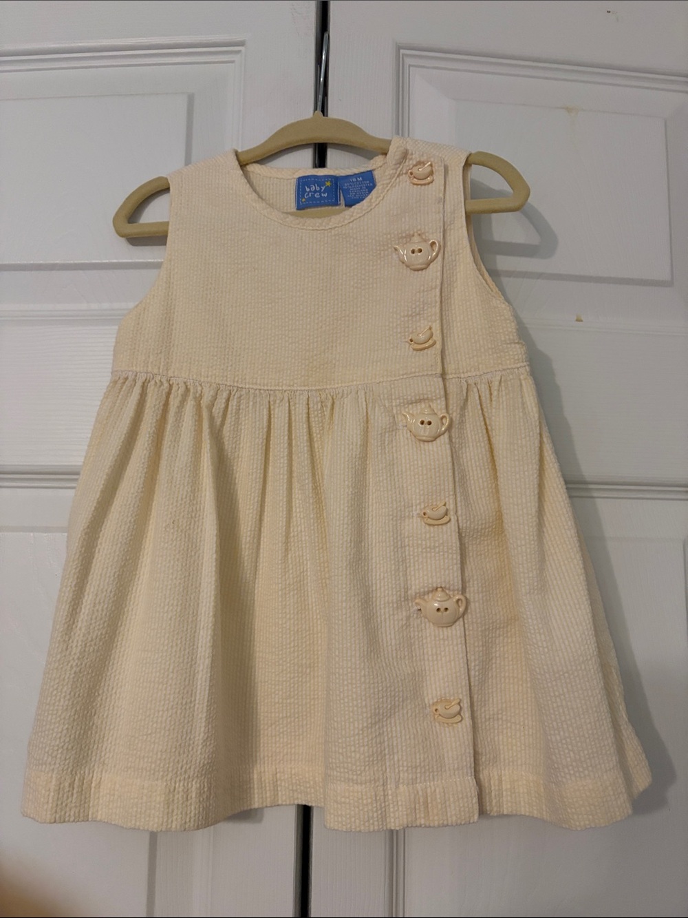 Vintage Yellow Seersucker Dress With Teapot & Teacups Buttons Size 18 Months EUC